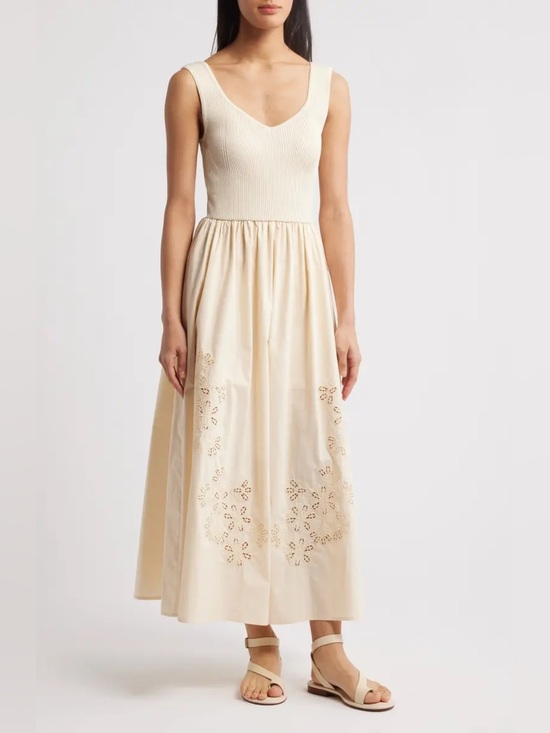 Moon River Dresses & Skirts - Moon River Sleeveless Mixed Media Midi Dress in cream